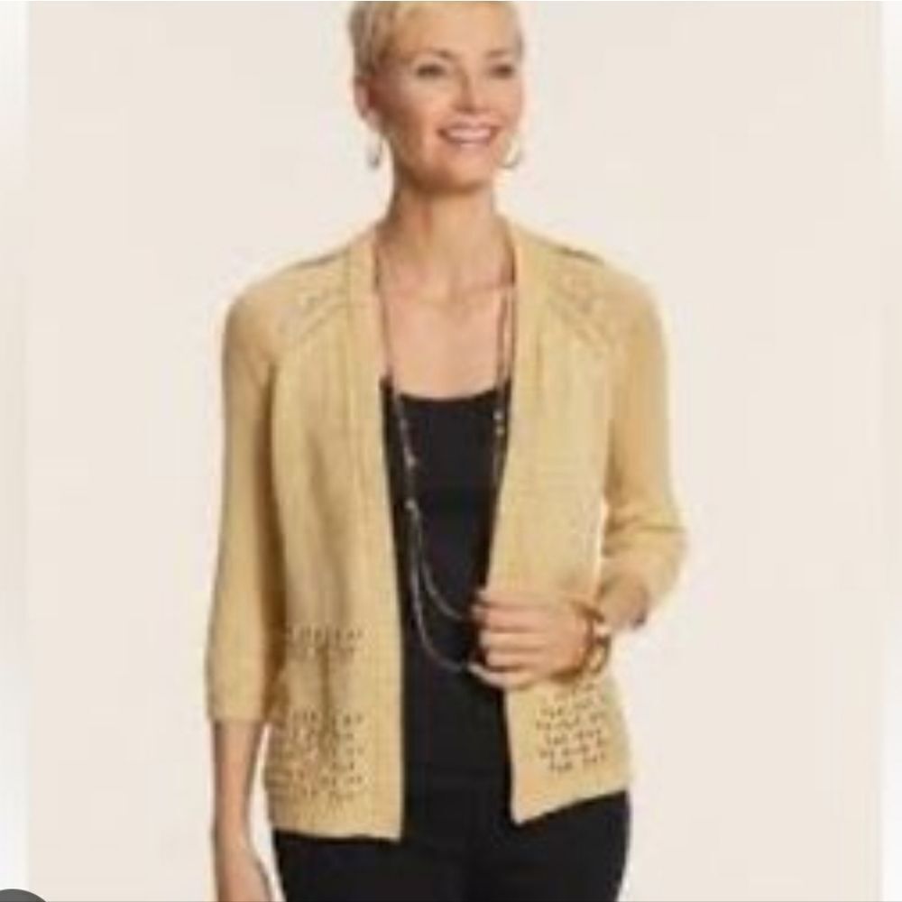 Chico's Luna Shine 3/4 Sleeves Knitted Cardigan Raffia Size Large In Gold